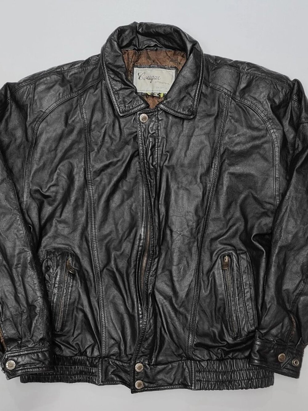 Cougar International Mens XL Black Leather Zip Front Bomber Jacket